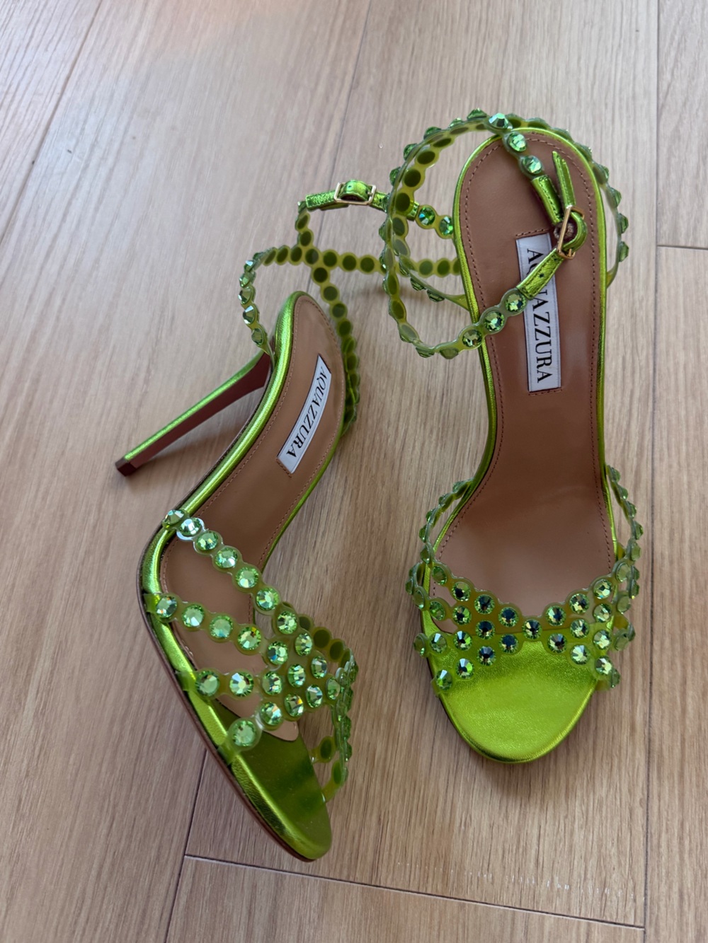 Aquazzura Neon Green Crystal Strappy Stiletto Sandals